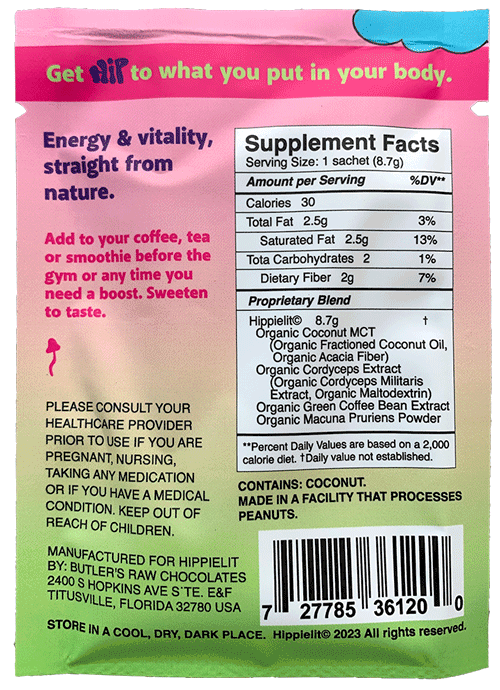 Shows the rear side of HippieLit package including the nutrition facts and barcode