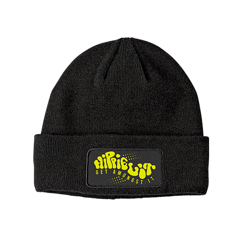 black beanie with bright yellow text saying get amongst it
